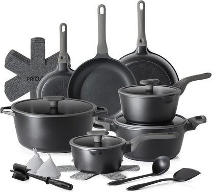 Pots and Pans Set Nonstick, 21Pcs Induction Compatible, Stay Cool Handle, Fully Coated, 100% Dishwasher Safe, PFOA Free Omelet Pans, Warp Resistant (Black Sesame)1