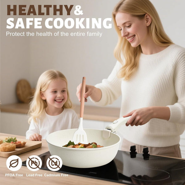 10 Pcs Pots and Pan Set Non Stick with Detachable Handle, White | Non Stick, Detachable, Stackable, Dishwasher ＆ Oven Safe3