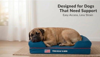 The Dog’S Bed Orthopedic Memory Foam Dog Bed with Bolsters for Large Dogs, High Density Support Mattress, Low Front Entry, Removable Washable Cover, Oxford Fabric, Blue with Dark Red Trim, Large4