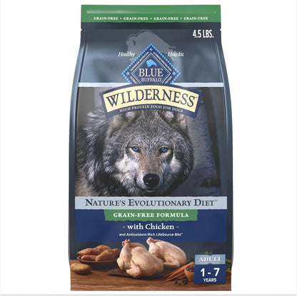 Blue Buffalo Wilderness with Chicken High Protein Grain Free Dry Dog Food for Adult Dogs, 34% Protein, Supports Immunity with Antioxidant-Rich Lifesource Bits, 4.5 Lbs.1