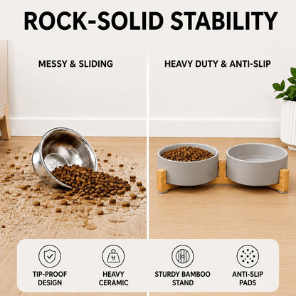 SPUNKYJUNKY Ceramic Dog and Cat Bowl with Wood Stand Non-Slip Matte Glaze Weighted Food Water Set for Cats &Small Dogs 13.5OZ3