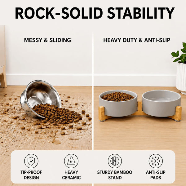 SPUNKYJUNKY Ceramic Dog and Cat Bowl with Wood Stand Non-Slip Matte Glaze Weighted Food Water Set for Cats &Small Dogs 13.5OZ3