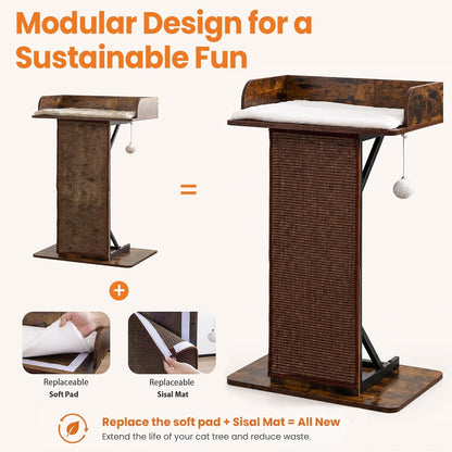 Modern Wood Cat Tree Tower for Indoor Large Adult Cats with Big Perch Bed | 33.8In Tall Wooden Cat Trees with Platform, Cat Scratching Pads, Washable Cushions, Cat Furniture for Window, Rustic Brown8