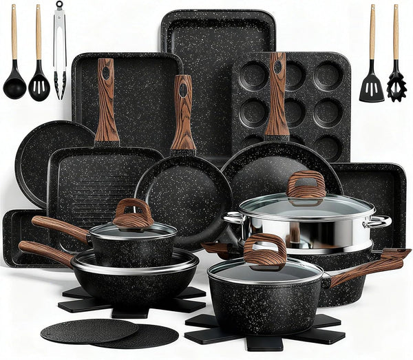 Pots and Pans Set Non Stick, 31 Piece Kitchen Induction Cookware & Bakeware Set, Nonstick Kitchen Cooking Pans Set with Frying Pans Set Grill Pan Saucepan Baking Sheet & Utensils, PFOA Free1