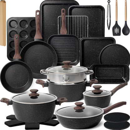 Pots and Pans Set Non Stick 31 Piece Kitchen Nonstick Cooking Cookware Sets with Grill Pan Saucepan Baking Sheet Utensil, Black1