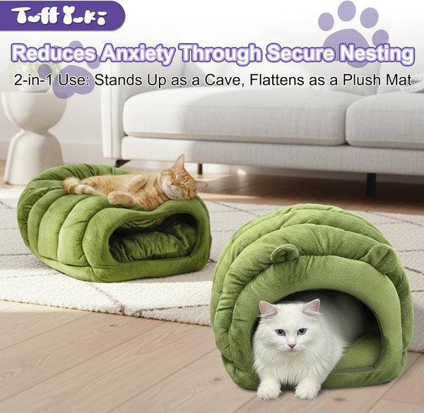 Cat Cave Bed, Orthopedic Memory Foam anti Anxiety Cat Bed for Indoor Cats, Cozy Plush Caterpillar Tunnel Cat Bed, Non Slip Pet Bed Fits Cats up to 15 Lbs, Green2