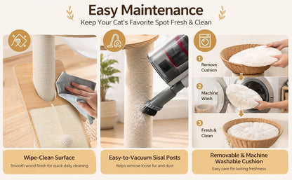Modern Wooden Cat Tree for Indoor Cats, Furniture Style Cat Tower with Handwoven Basket and Soft Cushion, Acrylic Space Capsule, Sisal Scratching Posts & Interactive Play Ball, 38" Cat Condo8