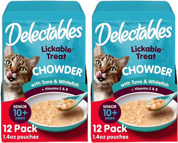 Delectables Lickable Treat Chowder Wet Cat Treat with Real Tuna & Chicken, Food Topper, Hydrating, Grain-Free, No Fillers, By-Products, Added Preservatives, 1.4Oz Pouch, 12Ct13