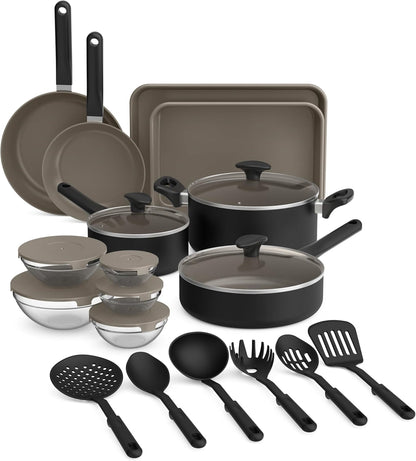 21 Piece Kitchen Set with Evergood™ Ceramic Nonstick Coating​, Dishwasher & Oven Safe, All Stovetops Compatible, Tempered Glass Lids & Cool Touch Handles, Black1
