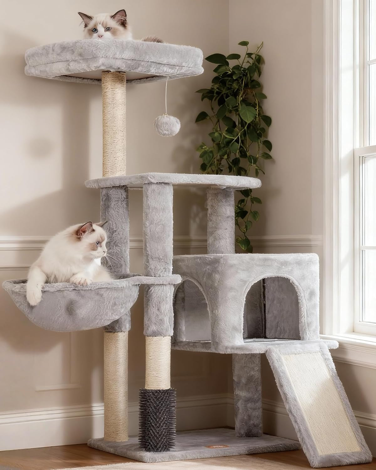 heybly-cat-tree-45-3-inch-cat-tower-for-indoor-cats-with-large-perch-all-in-one-cat-furniture-with-cozy-bed-hidden-space-cat-condo-comfy-hammock-scratching-posts-3-pompoms-light-gray-hct202sw