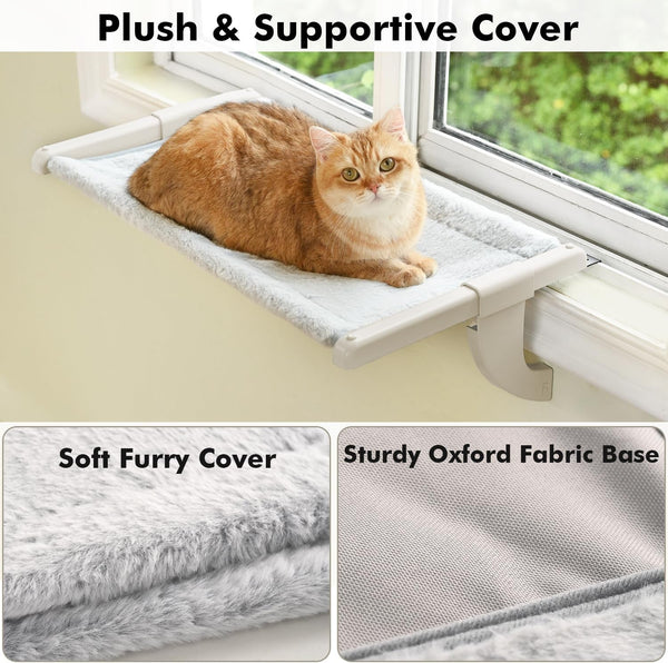 Zoratoo Windowsill Cat Perch, One-Step Sliding Adjustment Cat Hammock, XL | 26.8''X11.8'', Stable Metal Structure, Machine Washable, Two Fabrics Cover, No Suction Cups Pet Bed for Windowsill & Bedside2