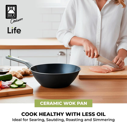 COOKWARE Life Ceramic Nonstick Wok | 11 Inches 6.6 Quarts Cast Aluminum | 11In 6.6Qt Cast Aluminum Stir-Frypan | 3Layer Ceramic Nonstick Asian Frypan | PFOA Free | Soft-Touch Handle | All Cooktop3