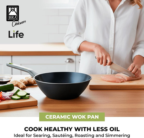 COOKWARE Life Ceramic Nonstick Wok | 11 Inches 6.6 Quarts Cast Aluminum | 11In 6.6Qt Cast Aluminum Stir-Frypan | 3Layer Ceramic Nonstick Asian Frypan | PFOA Free | Soft-Touch Handle | All Cooktop3