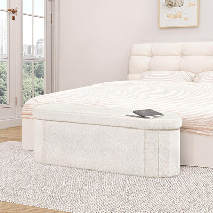 Ottoman with Storage for Living Room, Sherpa Folding Storage Ottoman Foot Rest, 43.3 Inches Collapsible Bedroom Bench White Cream8
