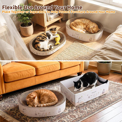 Patiencet 3-In-1 Cat Scratcher Cardboard Set for Indoor Cats, Cat Lounge Box with Wide & Slim Oval Cat Beds, Corrugated Cat Scratching Board for Furniture Protection, Rest & Play6