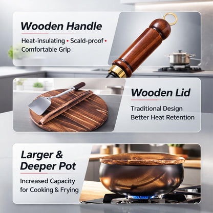 Japanese Cast Iron Wok with Wooden Lid & Spatula, 11 Inch Hand-Hammered Uncoated Iron Pot, Naturally Non-Stick Frying Pan, Heavy Duty Cookware for Induction, Gas & Electric Stoves (Glass Lid, 10.2In)6