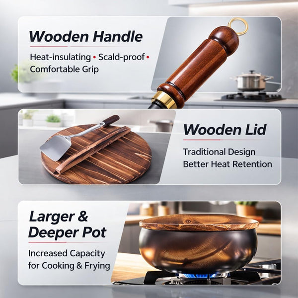 Japanese Cast Iron Wok with Wooden Lid & Spatula, 11 Inch Hand-Hammered Uncoated Iron Pot, Naturally Non-Stick Frying Pan, Heavy Duty Cookware for Induction, Gas & Electric Stoves (Glass Lid, 10.2In)6