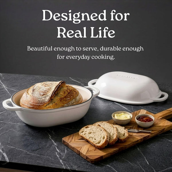 Signature Enameled Cast Iron Sourdough Bread Oven | Non-Stick with Tight Fitting Lid for Perfect Baking and Bread Making | 2QT Oval Oven with Lid [White]8