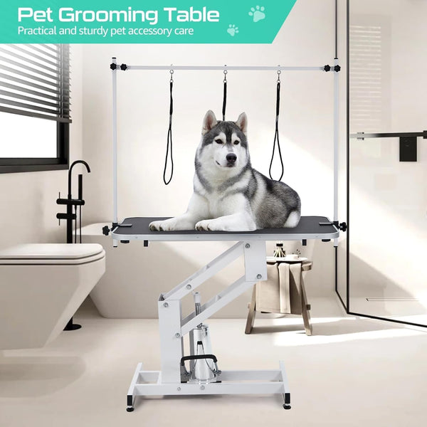 Garveelife 43.3" Hydraulic Dog Grooming Table for Pet, Heavy Duty Structural Hydraulic Max Load 350Lbs Professional Pet Grooming Table with Adjustable Overhead Arm & Noose Height Range 22"-39" (White)8