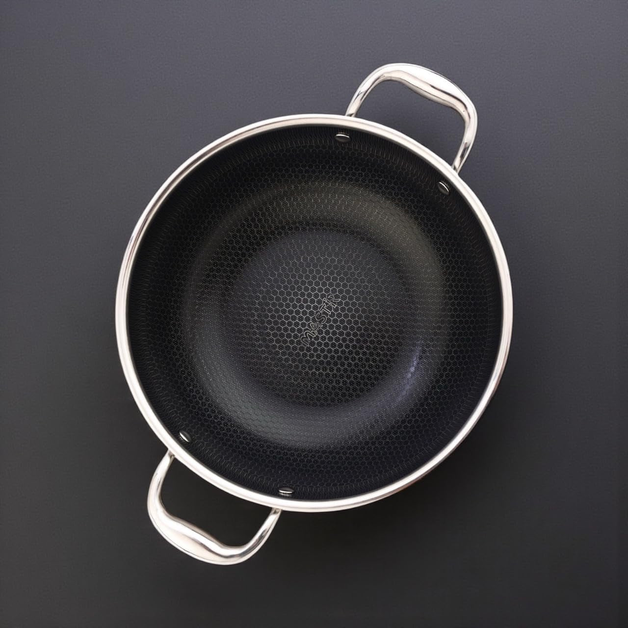 stainless-steel-wok-32-cm-6-5-l-with-glass-lid-kadai-with-two-ear-handles-hybrid-honeycomb-nonstick-pfoa-free-eu-approved-stay-cool-handles-induction-oven-dishwasher-safe-cookware