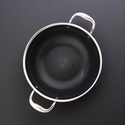 Stainless Steel Wok 32 Cm/6.5 L with Glass Lid – Kadai with Two Ear Handles – Hybrid Honeycomb Nonstick, Pfoa-Free, EU Approved – Stay-Cool Handles – Induction, Oven & Dishwasher Safe Cookware6