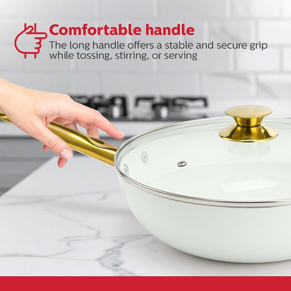 12-Inch White Ceramic Nonstick Wok with Lid - Gold Color and Stainless-Steel Handle, Versatile Gas and Electric Stovetop Compatibility, Golden Elegance4