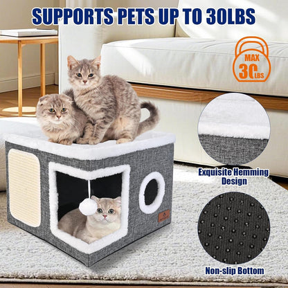 Cat Beds for Indoor Cats, Large Cat Cave Bed with Scratch Pad and Fluffy Ball, Foldable Cat Hideaway, Cat House with Reversible Cushion for Multi Small Pet up to 30LBS, Grey3