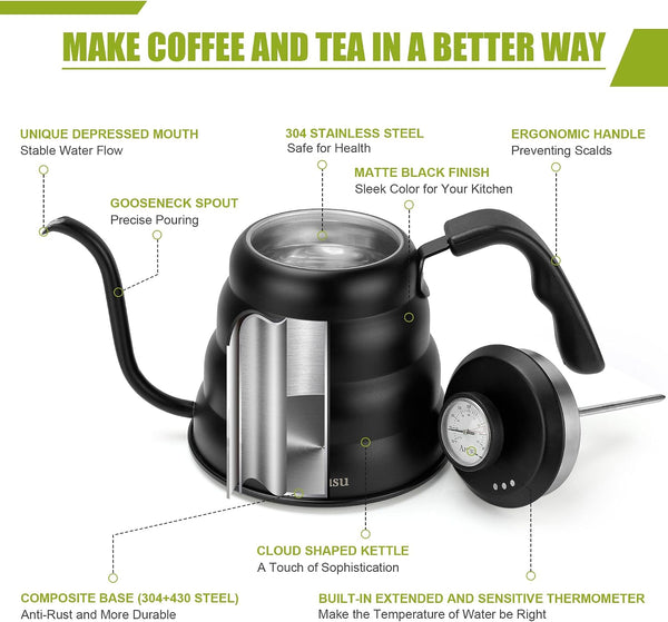 Tea Kettle with Thermometer,Black Gooseneck Coffee Kettle Pot Stovetop,40Oz | Stovetop Tea Kettle,Teapot Pour over Kettle,1200Ml,6 Cup, 1Pack4