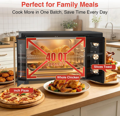 40.1QT XL French Door Countertop Oven, 1600W Extra Large Toaster Oven with 3 Intuitive Knobs, Infared Even Heating for 12" Pizza & Whole Chicken, Easy to Use, Stainless Steel (Black)2