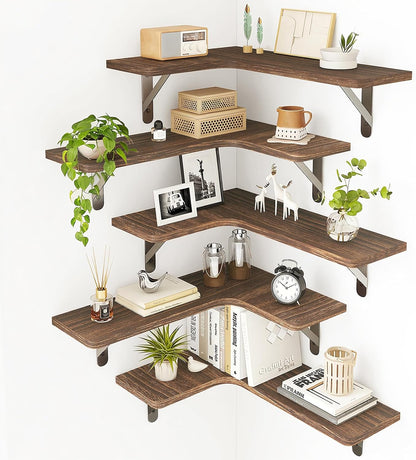 Conner Floating Shelves for Wall Decor, Dark Carbonized Black 5Pcs | Solid Wood Shelf with Metal Brackets, Holds 40 Lbs. Optimizes Corner Storage. Fits Bathroom, Kitchen, Bedroom & Living Room.1