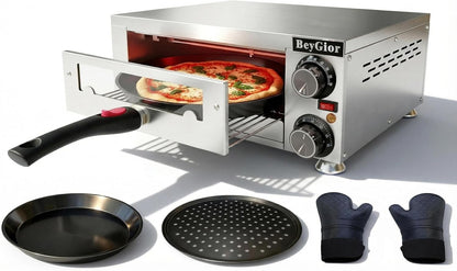 Electric Pizza Oven Indoor,12 Inch Countertop Pizza Maker with Viewing Window,Stainless Steel Commercial Pizza Oven, Removable Handle,Dual Baking Trays and Oven Mitts1
