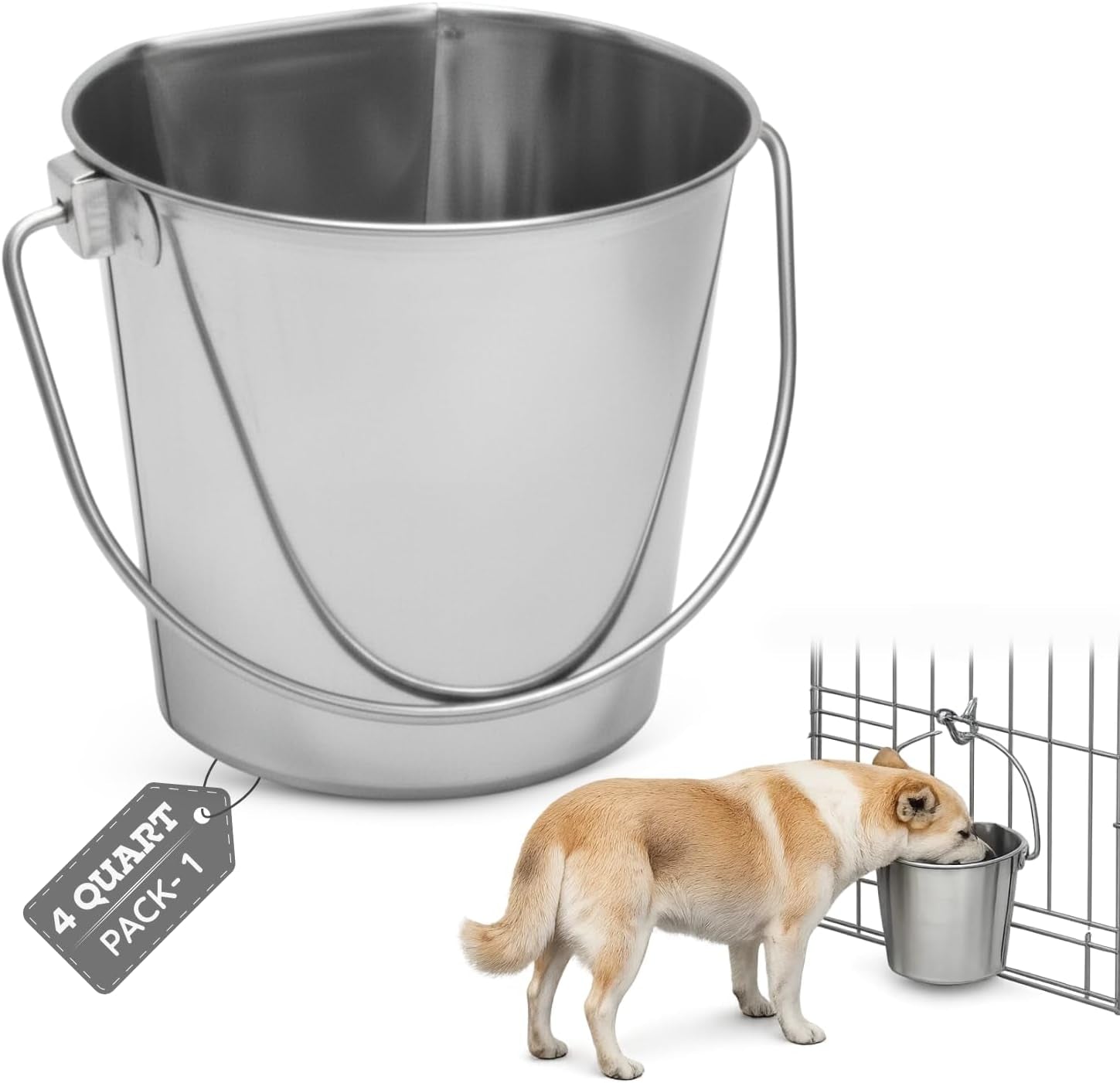 stainless-steel-flat-side-bucket-1-quart-0-25-gallon-heavy-duty-hanging-food-water-pail-for-dogs-cats-birds-kennel-cages-crates-durable-rustproof-multi-purpose-feeding-buckets