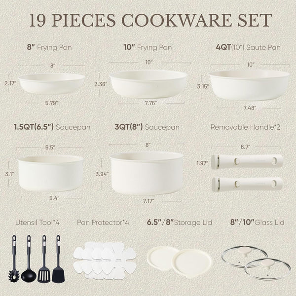 19Pcs Pots and Pans Set Non Stick, Detachable Handle Cookware | Kitchen Cooking Sets, Space Saving, Dishwasher & Oven Safe, Non-Toxic, for Camping/Rv/Traveling, Cream White2