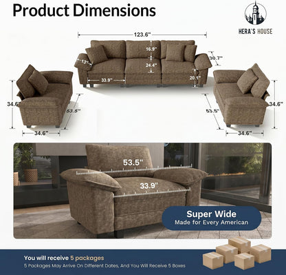 3 Pieces Modular Cloud Couch and Chair Set Setional Sofa | Modern 5-Seater Sofa Set , Grayish Brown, Wider Armrest, Comfy Deep Seat, Soft Chenille Furniture Set for Living Room3