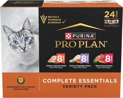 Purina Pro Plan Complete Essentials Chicken, Turkey and Beef Grain Free Wet Cat Food Variety Pack - (24) 3 Oz. Cans1
