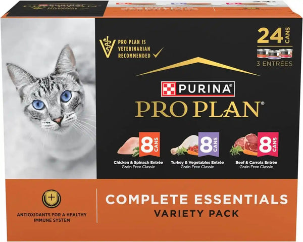Purina Pro Plan Complete Essentials Chicken, Turkey and Beef Grain Free Wet Cat Food Variety Pack - (24) 3 Oz. Cans1