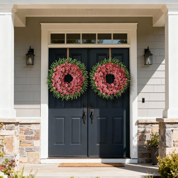 26" Artificial Eucalyptus with Flowers Wreath for Front Door (Rose Red) | Large Faux Eucalyptus & Morning Glory Flowers Wreath,Silk Flowers,For Home Front Porch Farmhouse Spring Summer Outdoor Decor4
