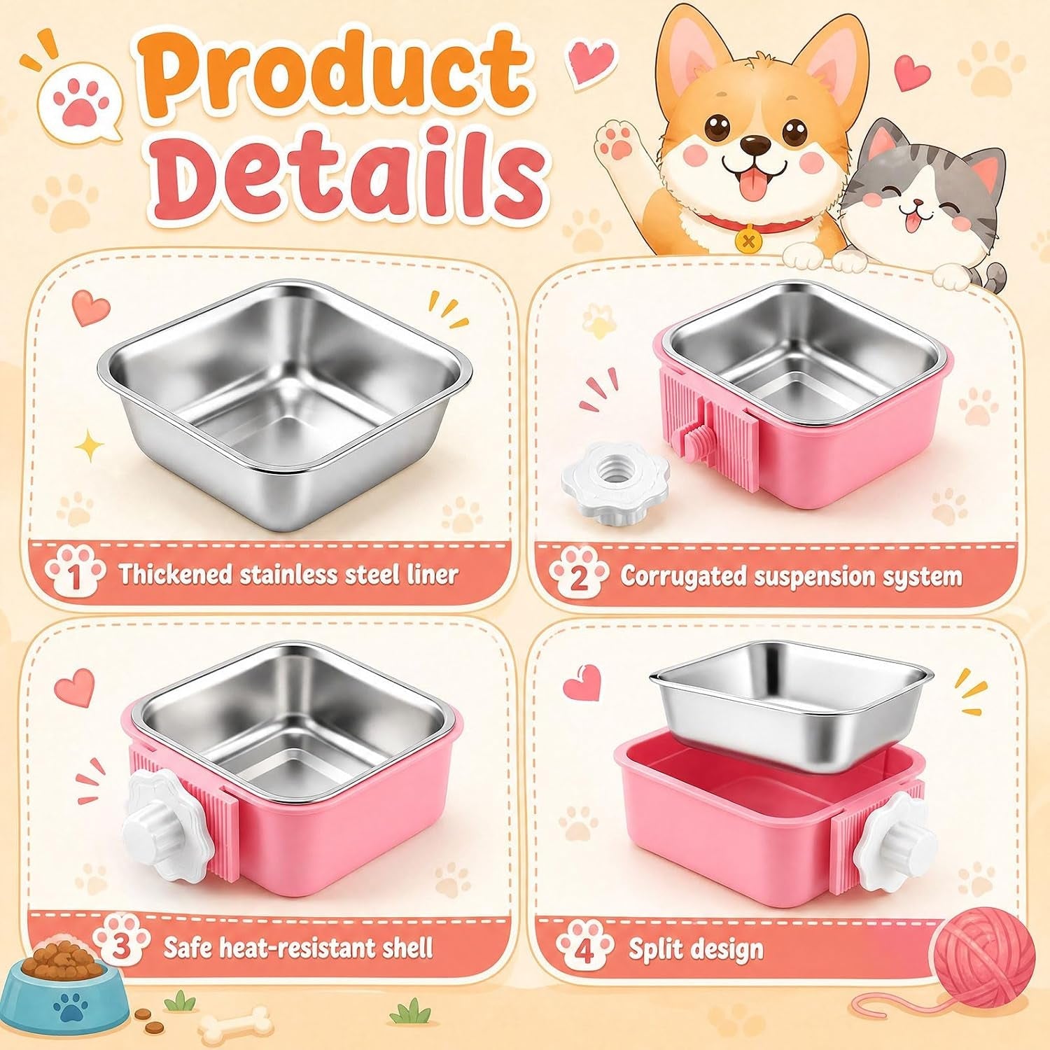 lemonroad-12-pcs-dog-crate-water-bowl-bulk-no-spill-hanging-for-kennel-removable-stainless-steel-puppy-food-water-feeding-bowls-cage-coop-cup-for-dogs-cats-rabbits-birds-ferretsquare-bowl