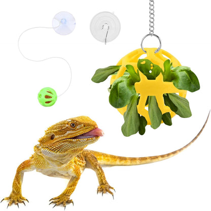 Bearded Dragon Enrichment Toys Feeder Ball Set, Vegetable Feeder Ball & Bell Ball, Exercise Balls Interactive Feed Toys Bells Reptile Tank Accessories for Reptile Lizard Gecko (Yellow)1