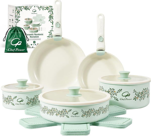 Ceramic Cookware Set Non Toxic with Detachable Handles, Healthy Nonstick Decal Pans and Pots Set 14 Pcs, Induction Dishwasher Oven Safe Kitchen Set, Light Green with Olive Branch1
