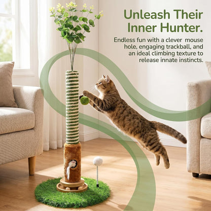 Cat Scratching Post 39'' Tall with Interactive Ball & Mouse Hole | for Indoor Adult Cats, Sisal Rope Cat Tree Tower. Kitty Scratcher Furniture with Artificial Grass Tree for Kittens Cat Toys3