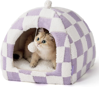 Lesure 2In1 Cute Cat House for Kitten with Washable Cushioned Pillow,16In | Cat Beds for Indoor Cats,Small Pet Cave Tent,Cozy Enclosed Foldable Hideaway,Fluffy Ball,Anti Slip Bottom,Hand Strap,Purple1