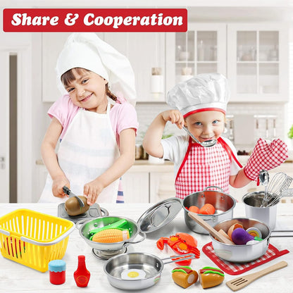 Kids Pretend Play Kitchen Toys Accessories Set, 32Pcs Stainless Steel | Toy Pots and Pans Sets W/ Rack Organizer, Metal Cooking Utensils & Apron, Play Food W/ Basket for Kids Girls Boys Toddlers 3+3