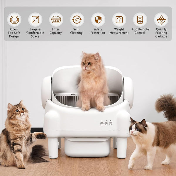 PARUUNTYS Self Cleaning Litter Box,Open Top Automatic Litter Box with App Control for Multiple Cats, Safety Sensors Protection, Odor Control Includes 2 Roll Liners,Large Waste Bin, Cream White3