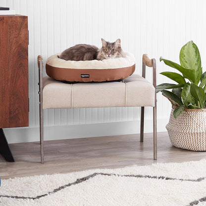 Amazon Basics round Bolster Pet Bed for Dog or Cat with Flannel Top, 20.0" L X 20.0" W X 6.0" Th, up to 11Lbs, Brown and Ivory6