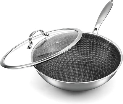 12.2 Inch Stainless Steel Honeycomb Wok Pan with Glass Lid, 3-Ply 18/10 Stainless Steel Stir Fry Pan, Flat Bottom Wok for Induction, Gas, Electric and Glass Stoves, 4.2 QT1