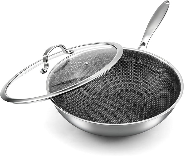 12.2 Inch Stainless Steel Honeycomb Wok Pan with Glass Lid, 3-Ply 18/10 Stainless Steel Stir Fry Pan, Flat Bottom Wok for Induction, Gas, Electric and Glass Stoves, 4.2 QT1