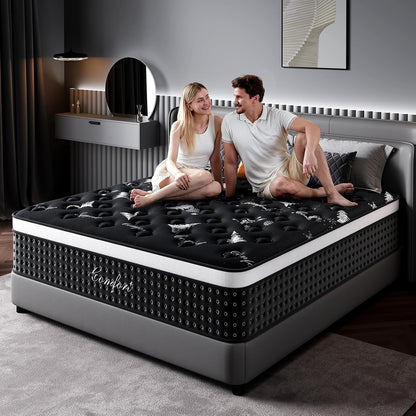 Queen Mattress 12 Inch, Cooling Hybrid Bed in a Box, 7-Zones Individual Pocket Spring, Mattress Queen for Back Pain Relief & Motion Isolation, Fiberglass-Free, Certipur-Us, 365-Night Trial1