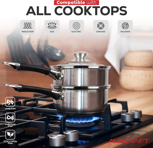 1.5 Quart 18/8 Stainless Steel Double Boiler with Glass Lid | 5-Layer Capsule Base, Ideal for Melting Chocolate, Butter, Cheese, Wax, Long Stay-Cool Handle, Comfortable Grip3