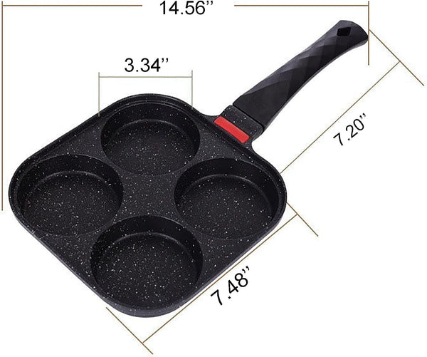 4-Cup Nonstick Egg Frying Pan Gas & Induction Omelette Skillet | Black 4-Hole Non Stick Egg Pan with 1 Spatula and 1 Brush. Perfect for Morning Pancakes, Bacon, and Quick Breakfast.5